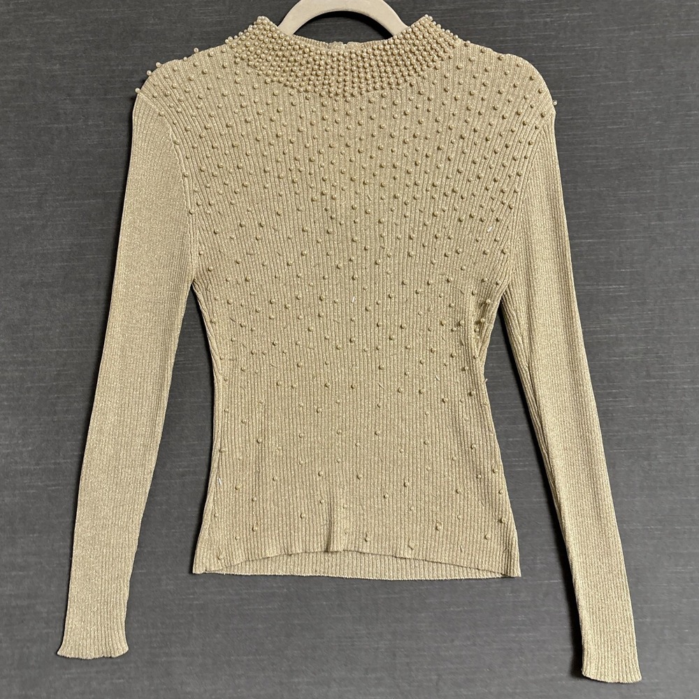 Belldini Sweater Top S‎ Silk Gold Metallic Beaded Ribbed 90s y2k Cocktail